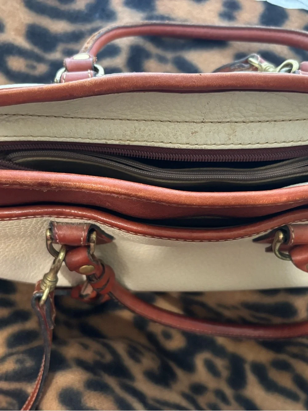 Vintage Liz Claiborne Leather Top-Handle Bag Cream and Brown & shoulder strap